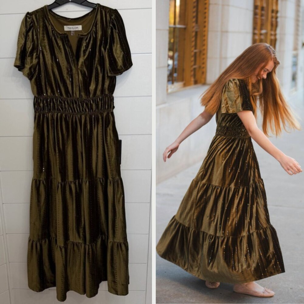 Taylor Green Tiered Sequin Maxi Dress Size Small 23477